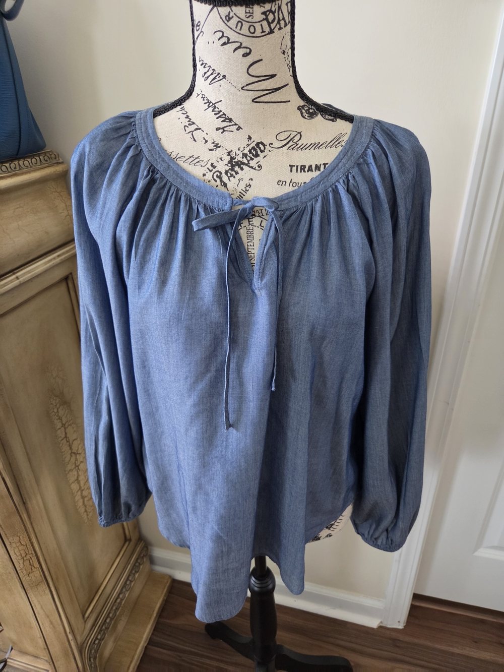 LOFT Chambray Tie-Neck Peasant Blouse in Dusty Blue